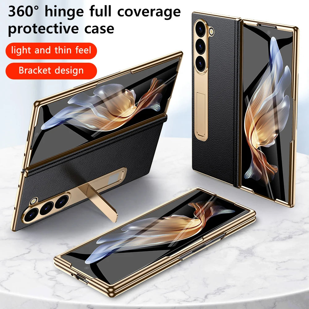 Leather Phone Case for Samsung Galaxy Z Fold 7 6 5 4 3 Fold6 Fold7 Gold Plating Magnetic Hinge Stand Back Cover with Mirror Film