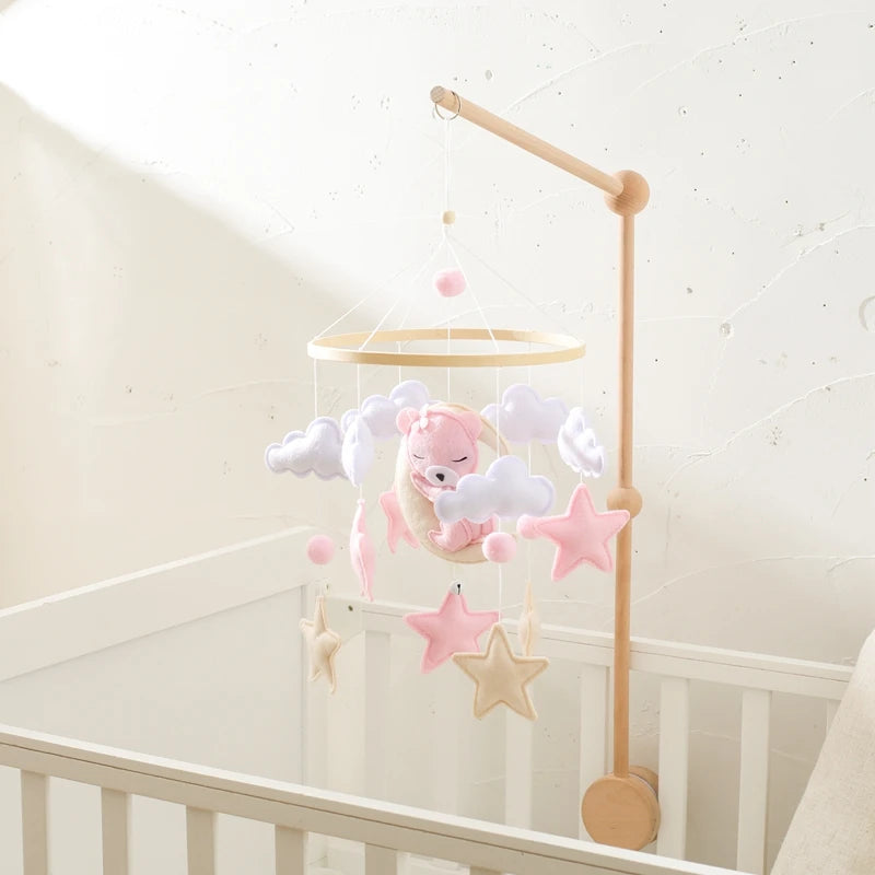 Crib Mobile Rattle Baby Wooden Bed Bell Baby Rattles Soft Felt Cartoon Bear Toys Crib Mobile Bed Bell Wood Toy Bracket Kid Gifts