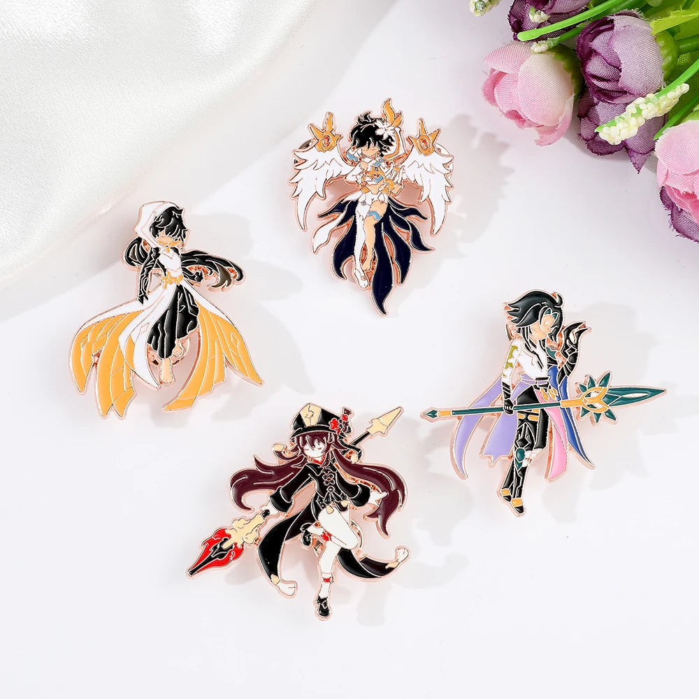 4 Pcs Genshin Impact Series Brooch Creative Walnut Mandrilla Enamel Pin Metal Paint Badge Backpack Clothing Accessories Wallet