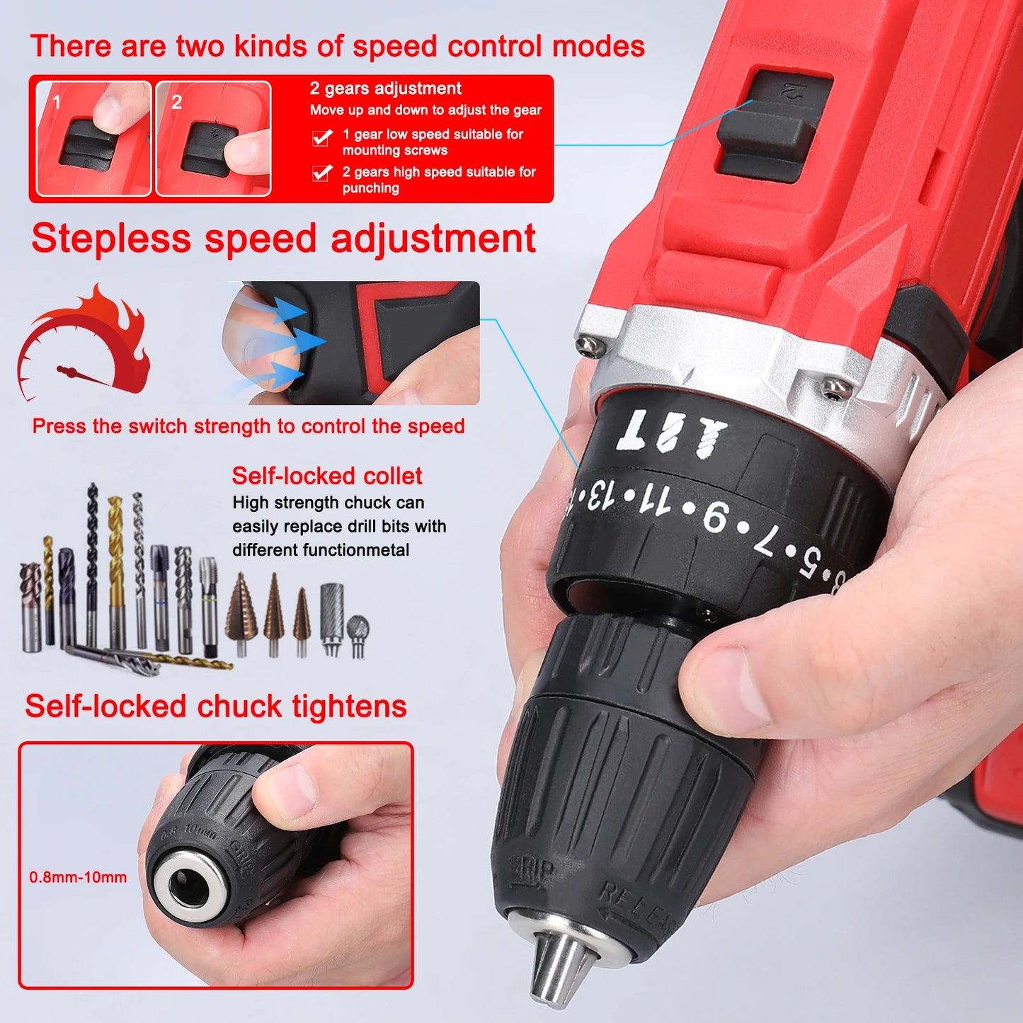 21V Electric Drill Brush Motor 2 Speed Control Stepless Speed Regulation Rotation Ways 25 Gears Torques Adjustable Lithium Drill