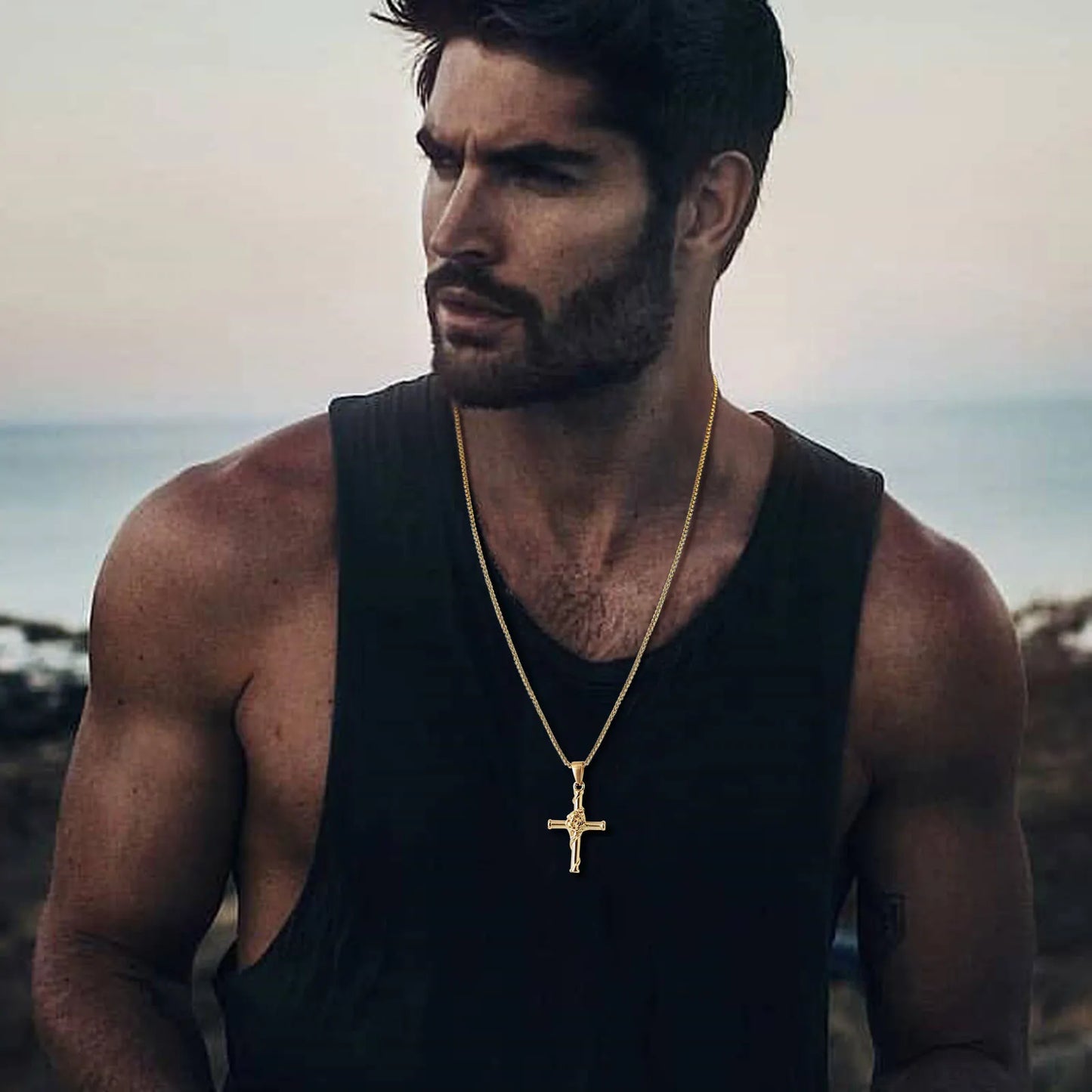 Vnox Men Cross Necklace, Stainless Steel Rose Cross Pendant with Box Chain, Unisex Cool Crucifix Jesus Faith Aesthetic Collar