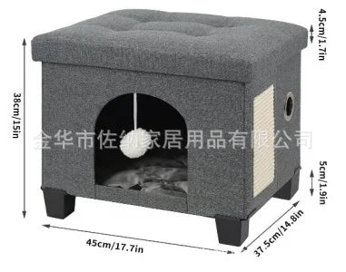 Multi Functional Cat Bed with Wooden Legs Foldable Pet Stool for Sitting