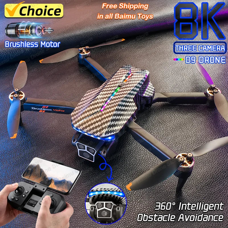 D9 DRONE 8K Professional 4K Three Cameras Brushless No GPS Obstacle Avoidance Optical Flow Position RC Quadcopter Gifts Toys