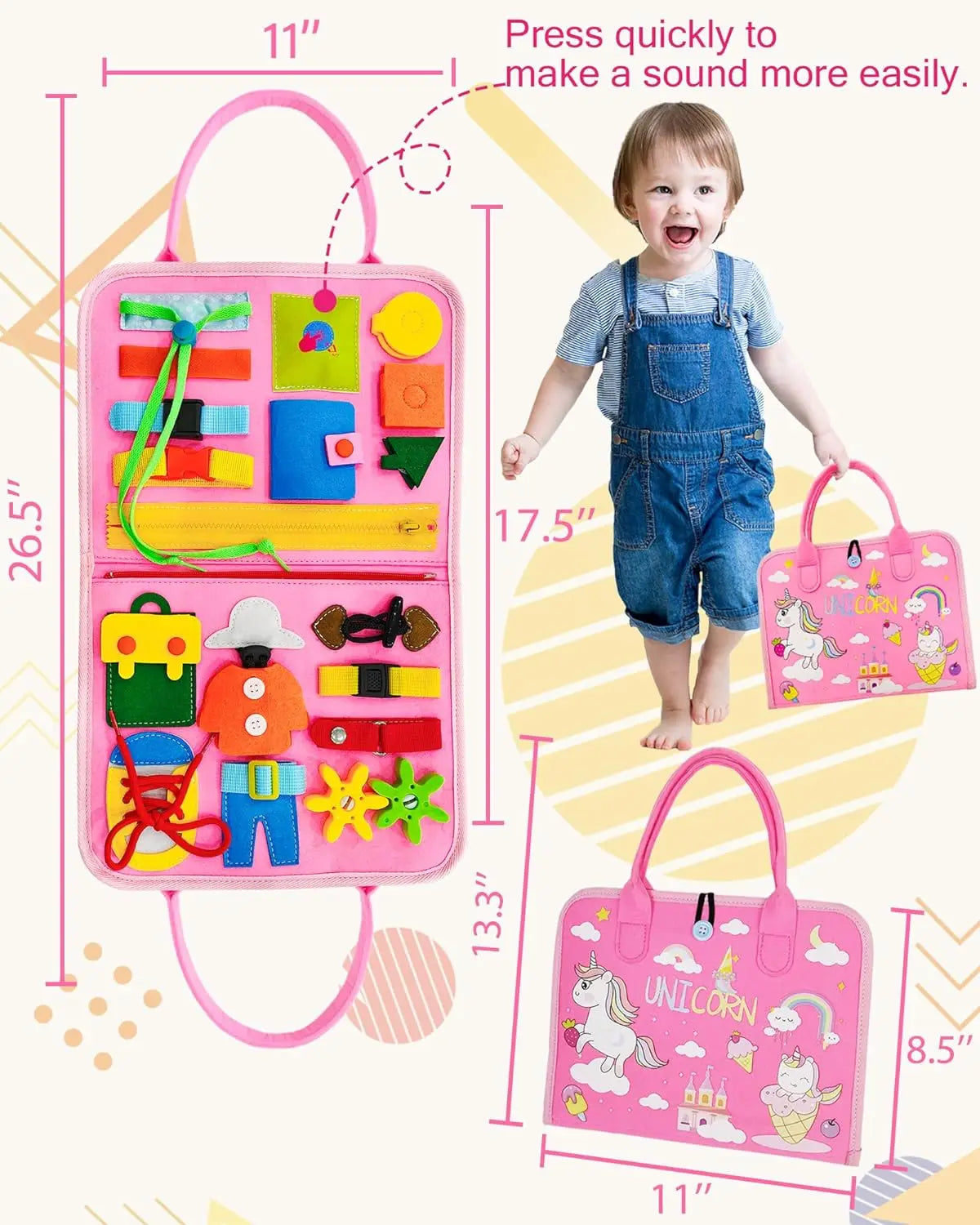 Toddler Busy Board Montessori Toys Learning Educational Activities Travel Toy Dinosaur Dress up  Sensory Life Skill Backpack