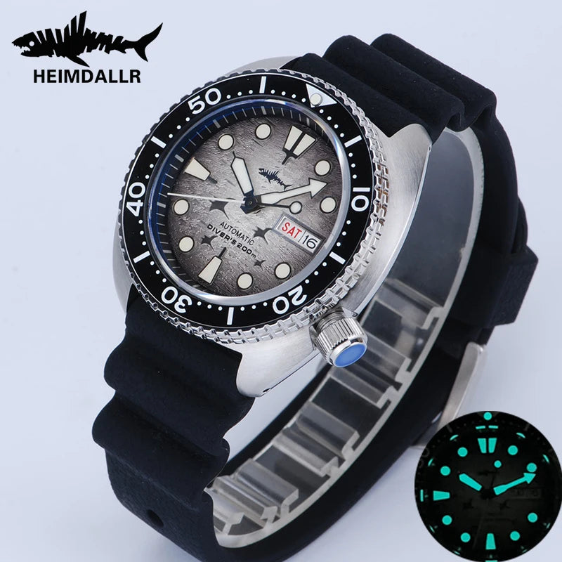 HEIMDALLR Turtle King Mens Diver Mechanica Watch Sapphire 200m Water Resistant  316L Steel C3 BGW9 Luminous NH36 Automatic Watch