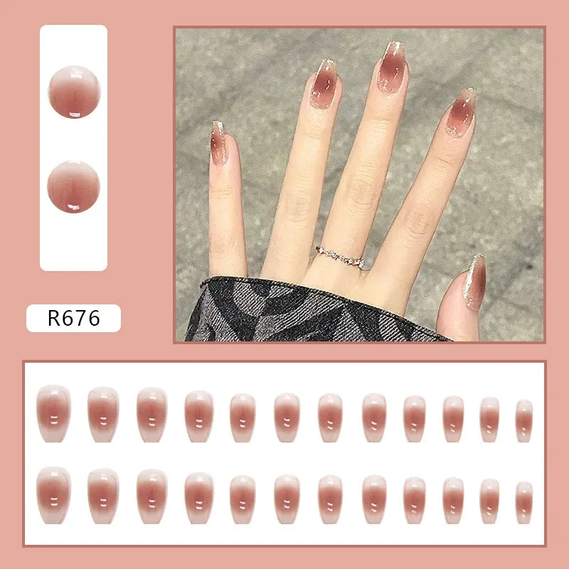 Black Moon 24 Pcs Press on Nails Pink Gradient Fake Nails Glossy Artificial Finger Manicure Reusable False Nails for Women