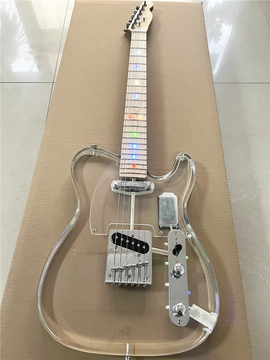 High quality classic acrylic transparent Plexiglass crystal 6-string electric guitar LED lights Maple guitar neck Free shipping