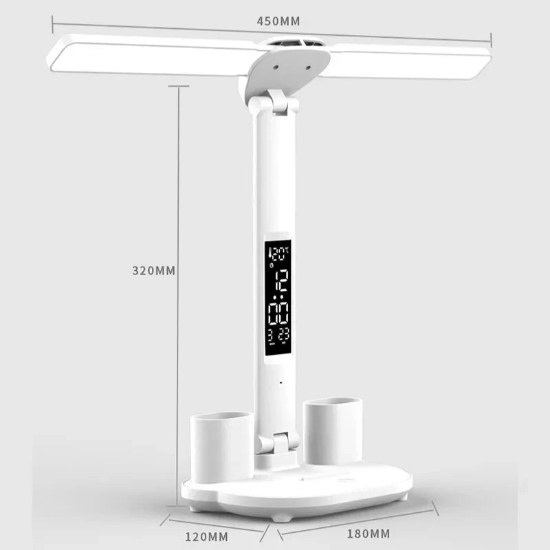 Multifunctional Eye Protection Rechargeable LED Clock Dimmable Desk Lamp 180° Rotating Foldable Desktop Reading Night Light USB
