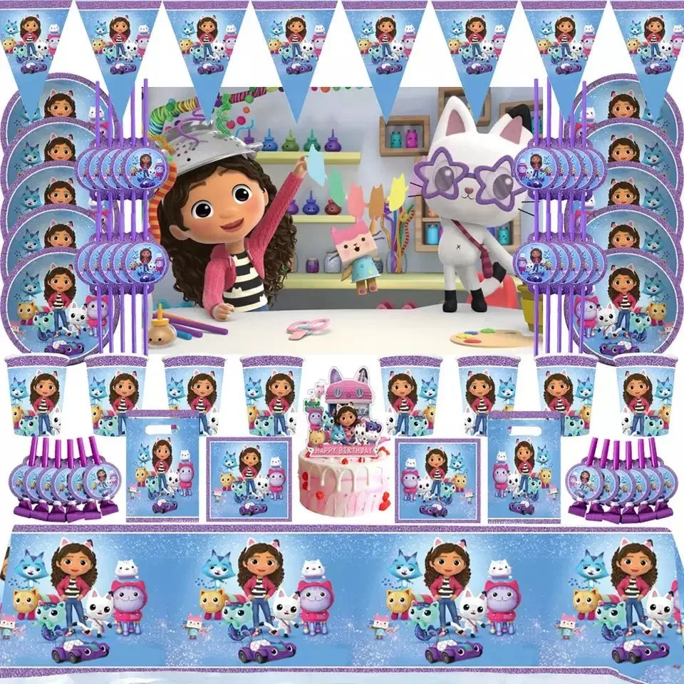 Disney Gabby Doll House Theme Birthday Party Flag Pulling Balloon Decoration Disposable Tableware Supplies