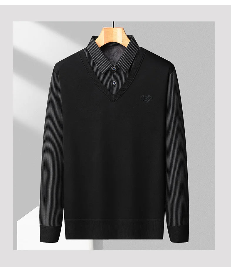 Male Fleece Polo Shirt Men's Pullover Autumn Winter T-shirt Collar Sweaters Cold Blouse Navy Blue Khaki Korean Clothing