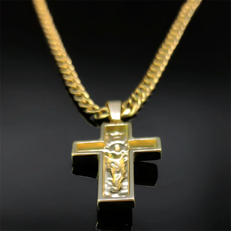 Stainless Steel Cross Jesus Pendant Necklace for Men Gold Color Hip Hop Cuban Chain Religious Crucifix Necklaces Jewelry NZZ470S