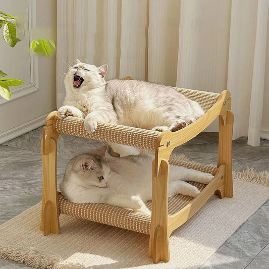 2 Tier Cat Hammock Bed Elevated Wooden Pet Bunk Beds For Indoor Cats Double Wooden Cat Bed Home Wood Raised Hanging Bed For Cats