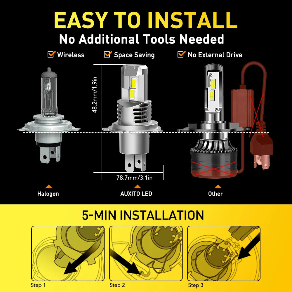 AUXITO 2Pcs 22000LM H4 9003 LED Headlight Bulbs Canbus 6500K White H4 HB2 LED High Low Beam Car Head Lamps Vehicle Light 120W