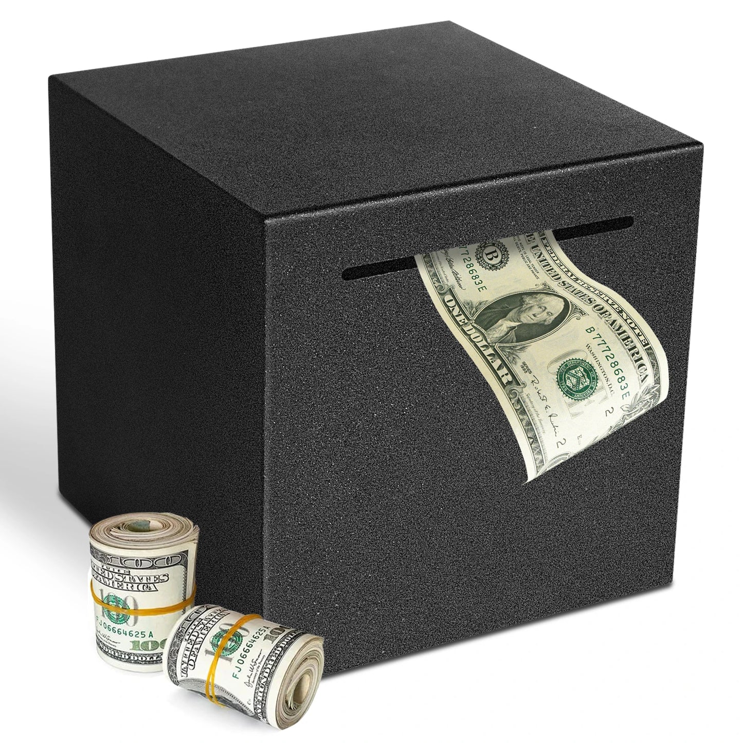 Black metal piggy bank, only in, no out, two sizes available for Christmas and Halloween gift