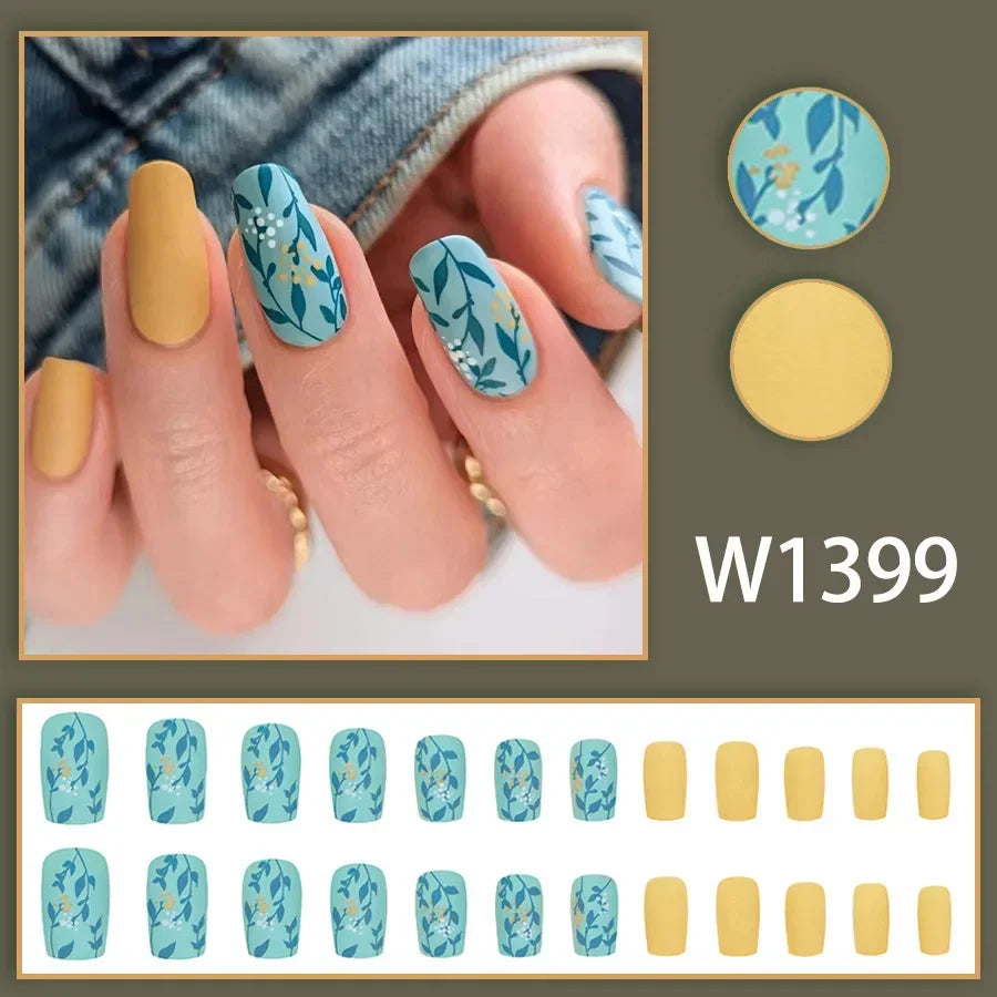 Black Ink Style Fake Nail with Jelly sticker Press on False Nails Wearable Round Head Oval Full Cover Nail Tips