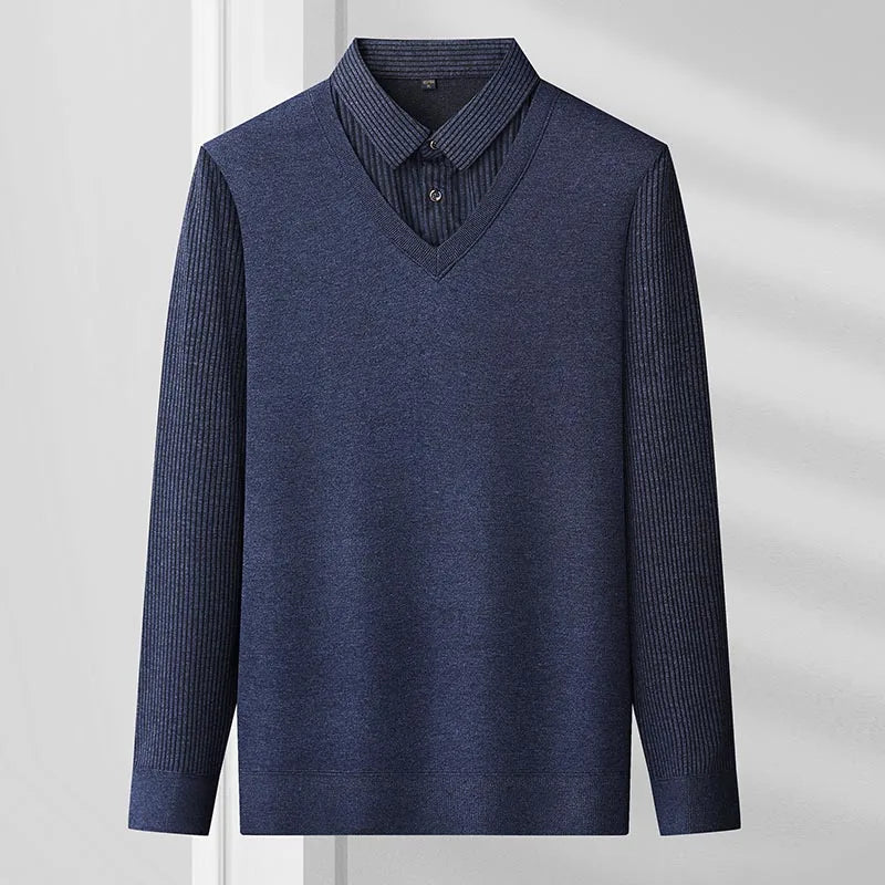 Mens Autumn Clothes Polo Collar Sweater Fake 2 Pieces Striped Velvet Jumpers Slim Fit Pullovers Elegant Knitted Sweaters