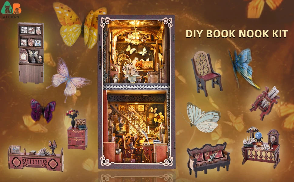 ATUBAN DIY Book Nook Kit, 3D Wooden Puzzle Miniature Dollhouse, Booknook Kit Bookend Bookshelf Insert Decor with LED Light