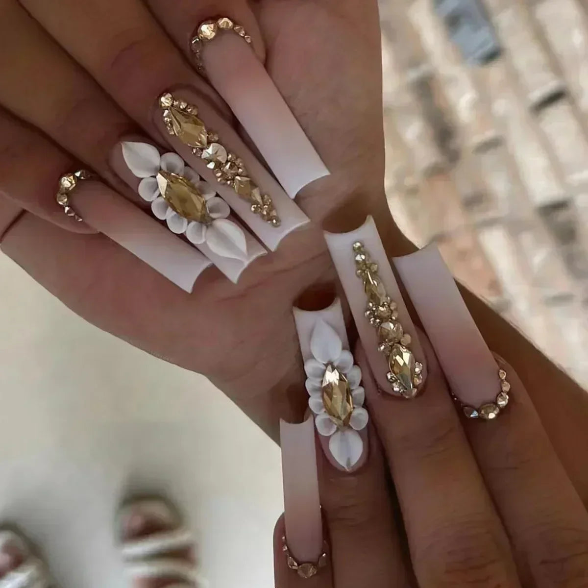 24Pcs Full Cover False Nails with Glue Long Square Coffin Fake Nails French Detachable Ballet Love Pattern Design Press on Nails
