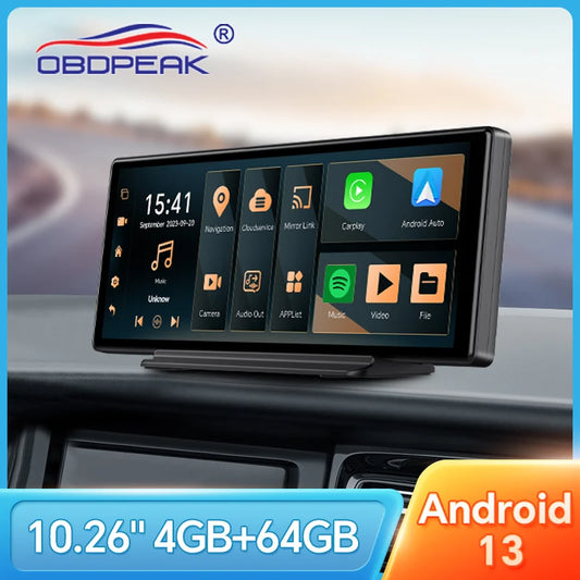 OBDPEAK K50 10.26'' Dashboard 4G+64G Android 13 AI Screen Dash Cam GPS Navigation Carplay Android AUTO Dual Lens Video Recorder