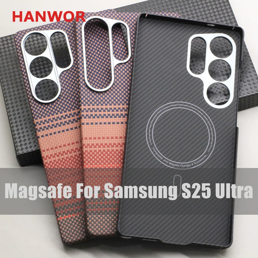 HANWOR Magnetic Carbon Fiber Phone Case for Samsung Galaxy S25 Ultra 600D Aramid Fiber Magnetic Cover S25 Ultra Magsafe Case