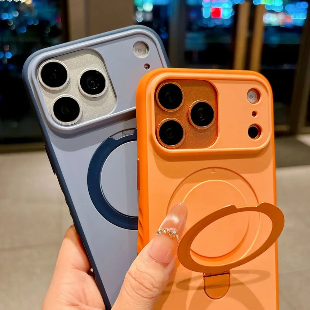 Luxury Skin Feel for Magsafe Phone Case For iPhone 17 16 13 15 Pro Max 14 Plus Magnetic Bracket Stand Anti-slip PC Cover