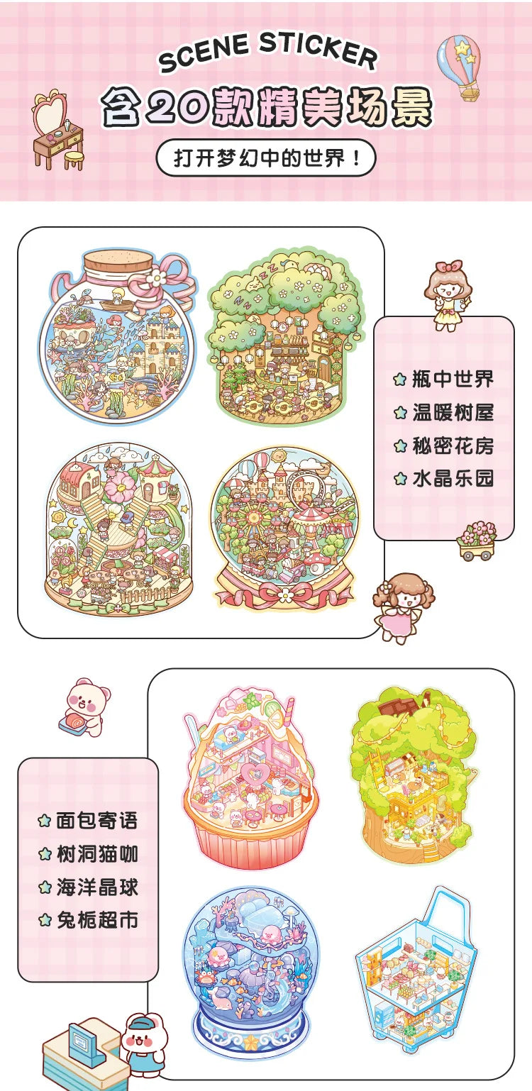 20Sences in Book 2.5D Landscape Sticker Album Cartoon Scene DIY Toy Game Festival Birthday Present Gift Box for Kid Girl Child