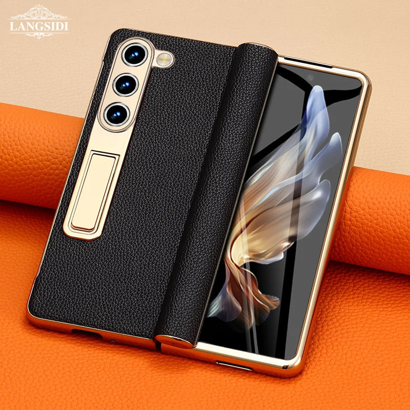Leather Phone Case for Samsung Galaxy Z Fold 7 6 5 4 3 Fold6 Fold7 Gold Plating Magnetic Hinge Stand Back Cover with Mirror Film