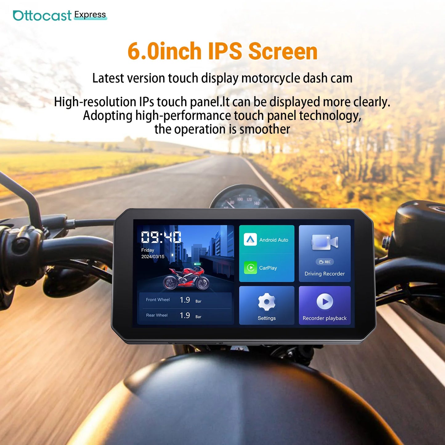 Ottocast 6.0 inch IP67 Waterproof Motorcycle GPS Navigation Wireless Carplay Android Auto DVR Drive Recorder Moto Monitor Wifi