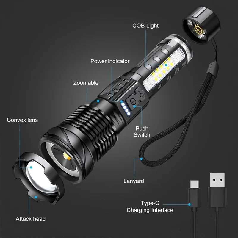 XHP50 High Power LED Flashlight Tactical COB Side Light Zoomable Torch Aluminum Alloy USB Rechargeable Waterproof self-defense