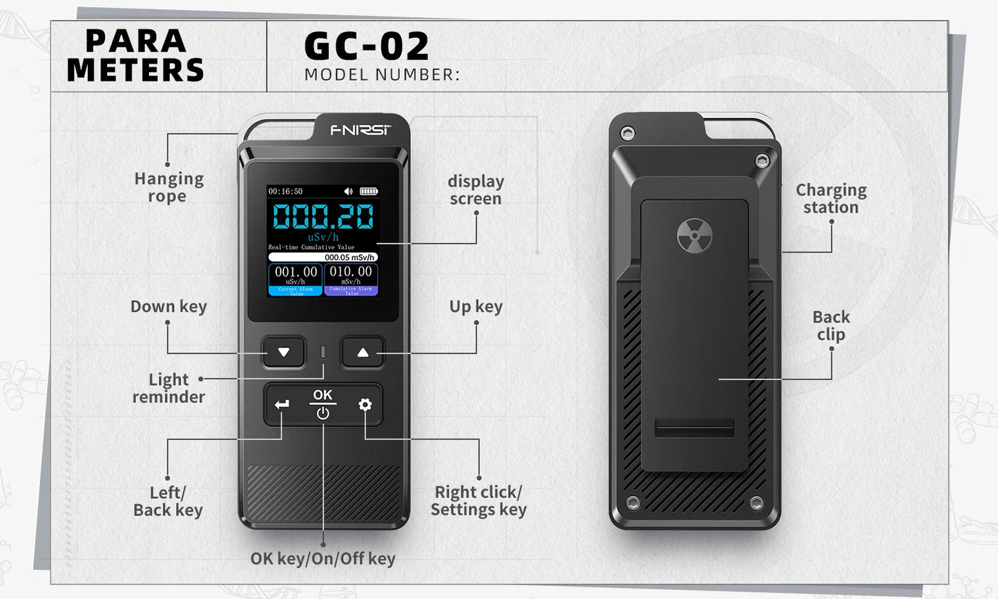 FNIRSI GC-02 Geiger Counter Nuclear Radiation Detector Personal Dosimeter X-ray γ-ray Radioactivity Tester Marble Detector