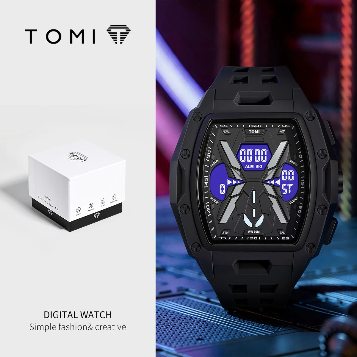 TOMI  Sports Men Mecha Dual Display Watch, Analog Digital Dual Dial, Backlight Alarm Stopwatch, Hollow Breathable Silicone Strap