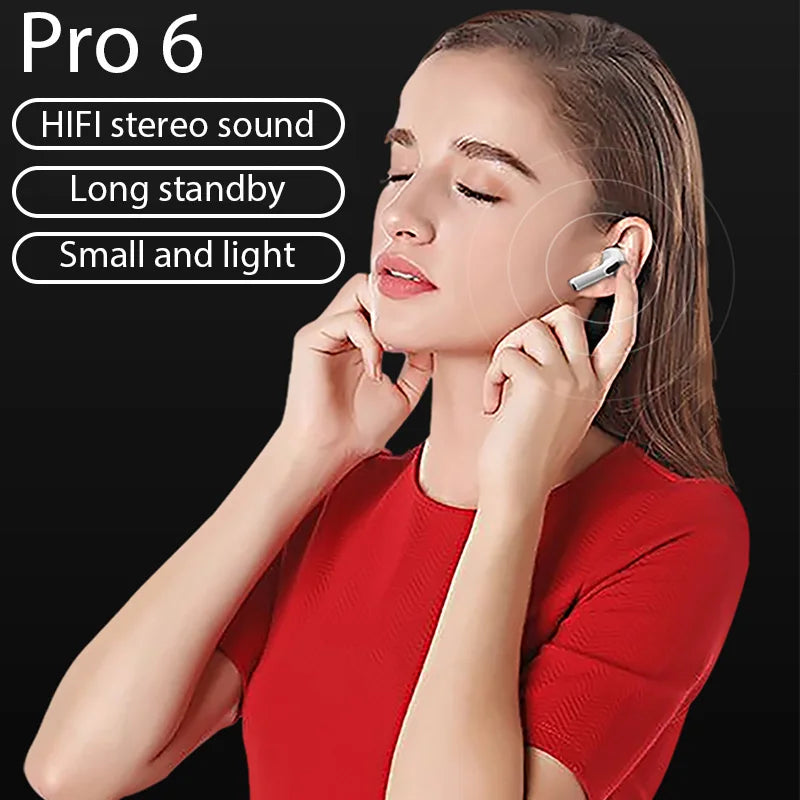 Pro6 Bluetooth Headphones Wireless Bluetooth Headset with Mic Earbuds Waterproof Noise Cancelling TWS Pro 6 Wireless Earphones