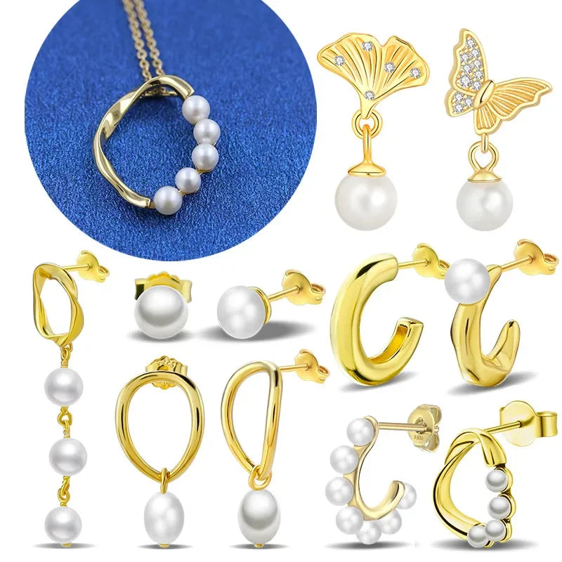 Sterling Silver S925 Pearl Gold Yellow Circular Hoop Earrings Drop Earring Original Charms Fine Jewelry for Women Elegant