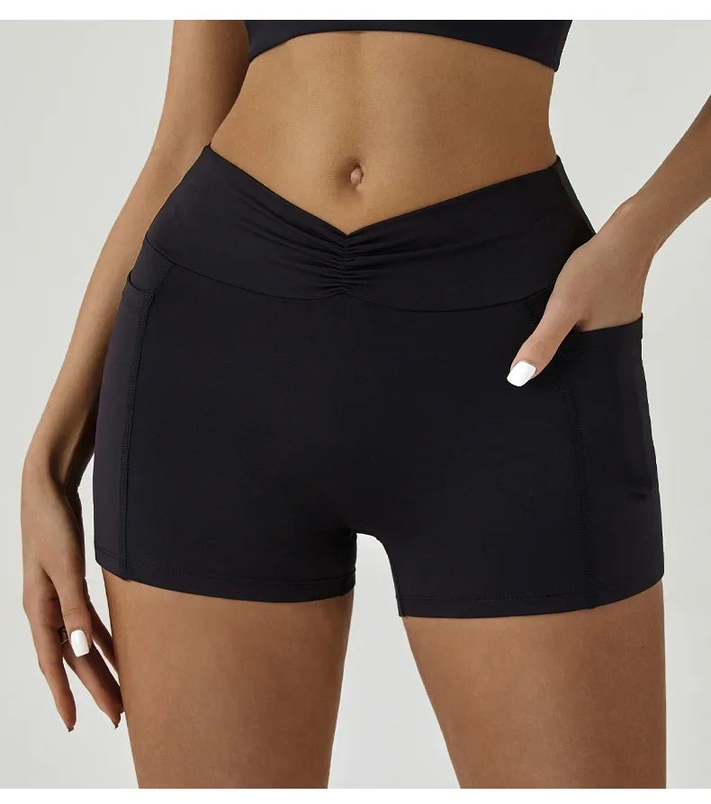 Tight Fitting Hip Yoga Shorts Pockets Women High Waisted Fitness Outdoor Leggings Scrunch Lifting Yoga Biker Shorts