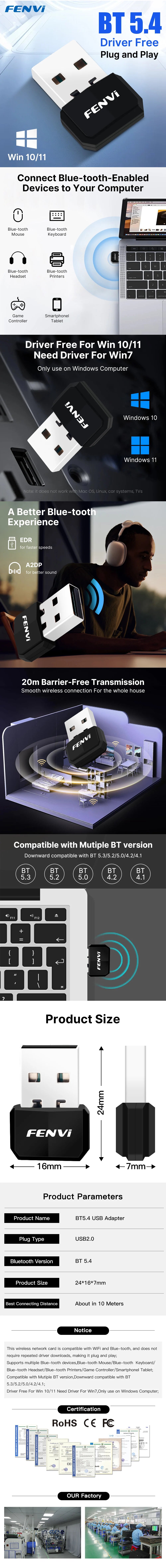 FENVI USB Blue-tooth 5.4 Dongle Adapter Wireless Driver Free For PC Mouse Keyboard Music Audio Card Receiver Transmitter Speaker