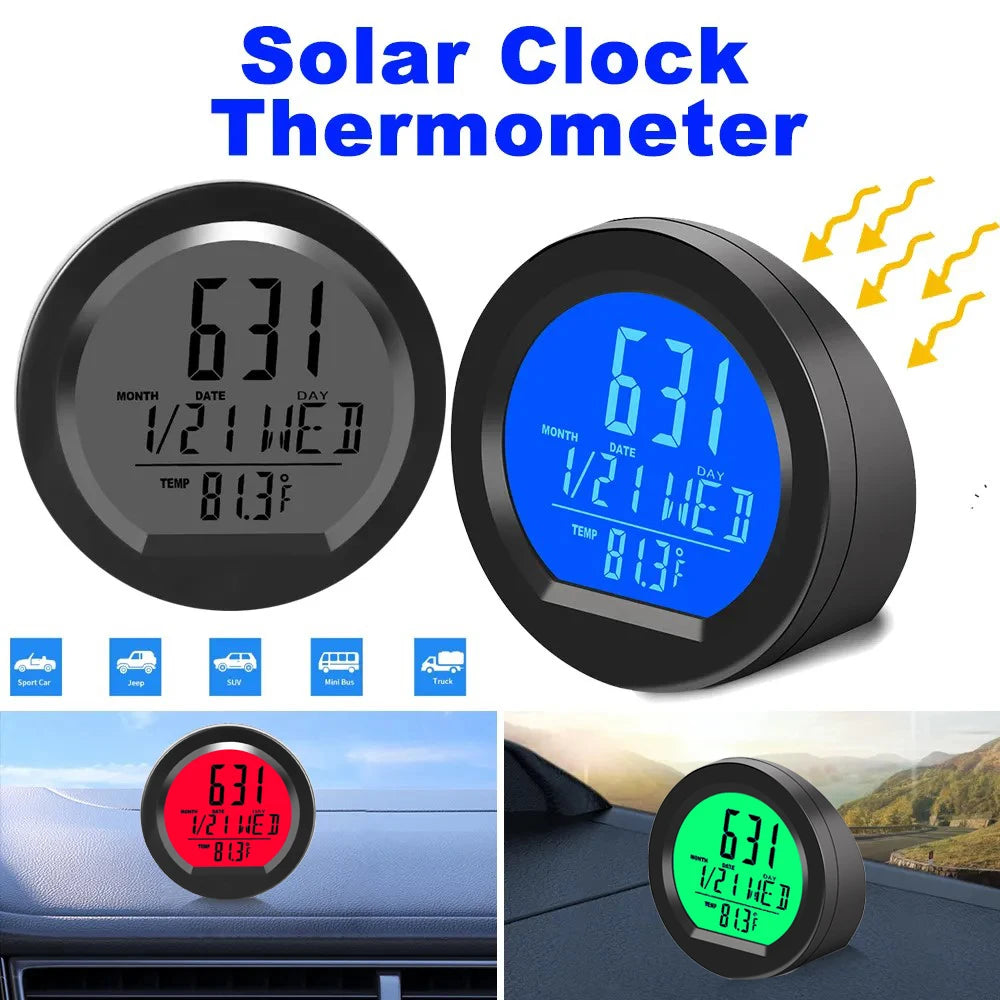 Solar Car Digital Clock Date Week Thermometer LCD Luminous Display for Dashboard Car Clock Automobiles Internal Stick-On