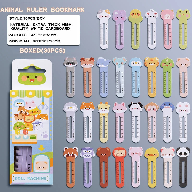 30Pcs Cute Animal Cartoon Bookmarks Set with Reading Ruler Fun Book Accessories for Kids Students School Office Gifts