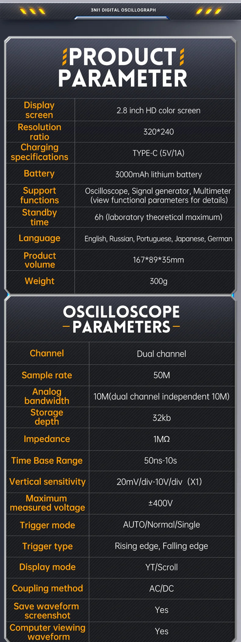 FNIRSI 2C23T 3IN1 Dual Channel Digital Oscilloscope Multimeter + Function Signal Generator 10MHZ*2 50MS/s AC DC 1000V 10A T-RMS