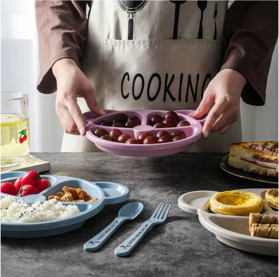 3pcs Wheat Straw Children's Compartment Dinner Plate Kindergarten Student Bear Tableware Set Children's Tableware Lunch Box