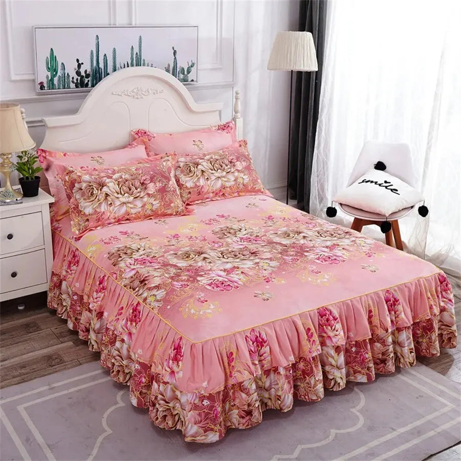 3PCS Bed Skirt Set (Bedsheet * 1 Pillowcase * 2, Coreless), Printed Bedskirt, All Season Universal Anti Slip