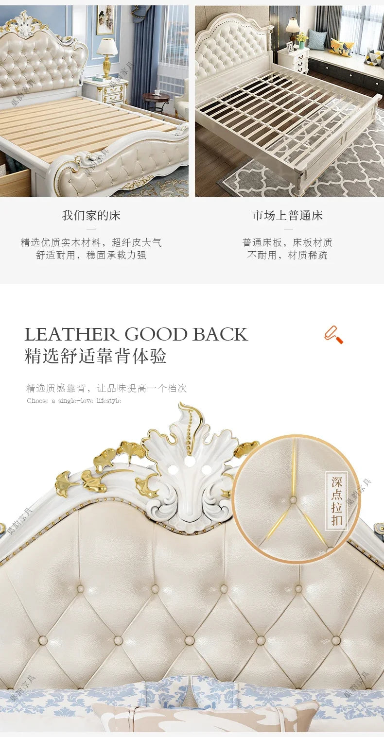 European Luxury Modern Double Bed Frame Mattress Storage Solid Wood Princess Bed Queen Size Cama Bedroom Set Furniture