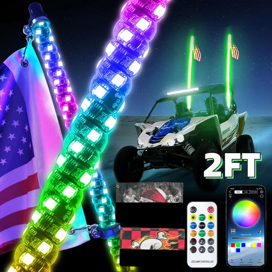 2FT LED Whip Lights Lighted Antenna Whips For ATV UTV Polaris RZR Off Road Truck Sand Buggy Dune Flagpole Lamp