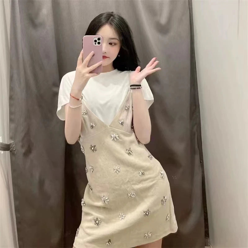 Women 2024 Chic Fashion Sleeveless Mini Dress Vintage Thin Straps Summer Female Ruffled Hollow Dresses Vestidos Mujer