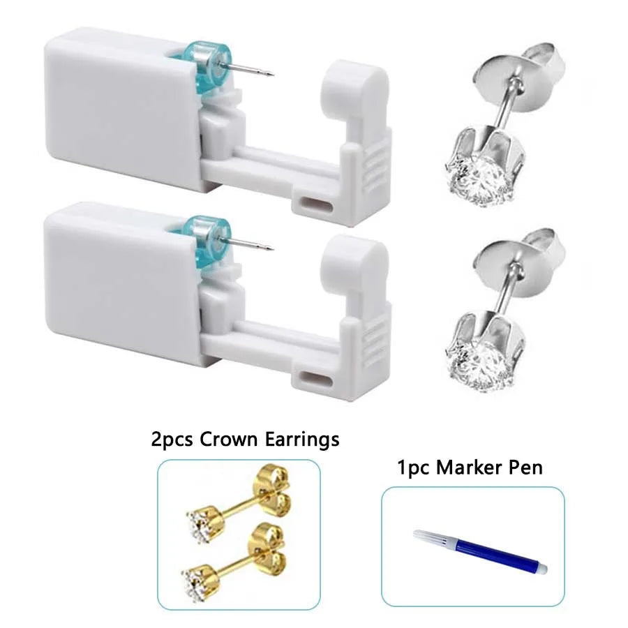 2PCS Disposable Ear Piercing Gun with Built-in Ear Studs & 2pcs Cubic Zirconia Earrings-For Home Use Ear Piercing Kit