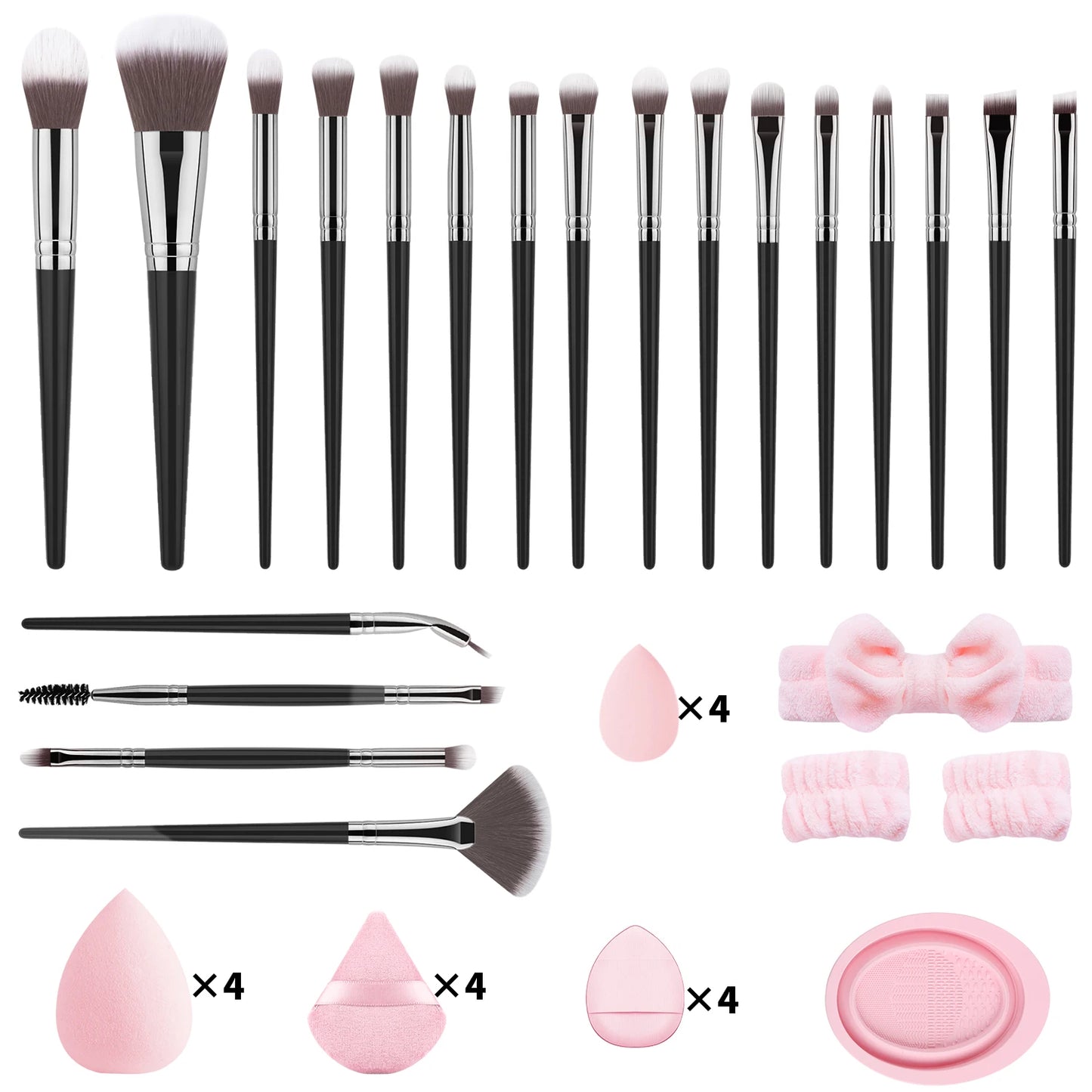 40-piece makeup tool set - 20-piece makeup tools + 16-piece powder puff set + dishwashing, hairband and wristband