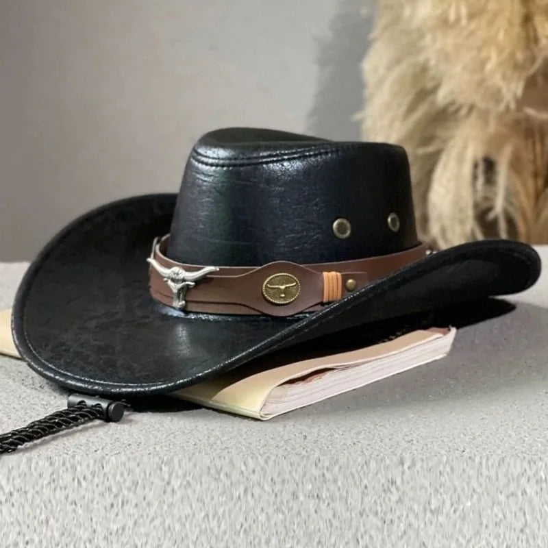 Faux Leather Western Cowboy Hats For Women Men Vintage Gentleman Dress Hats Panama Cowgirl Jazz Cap Sombrero Hombre