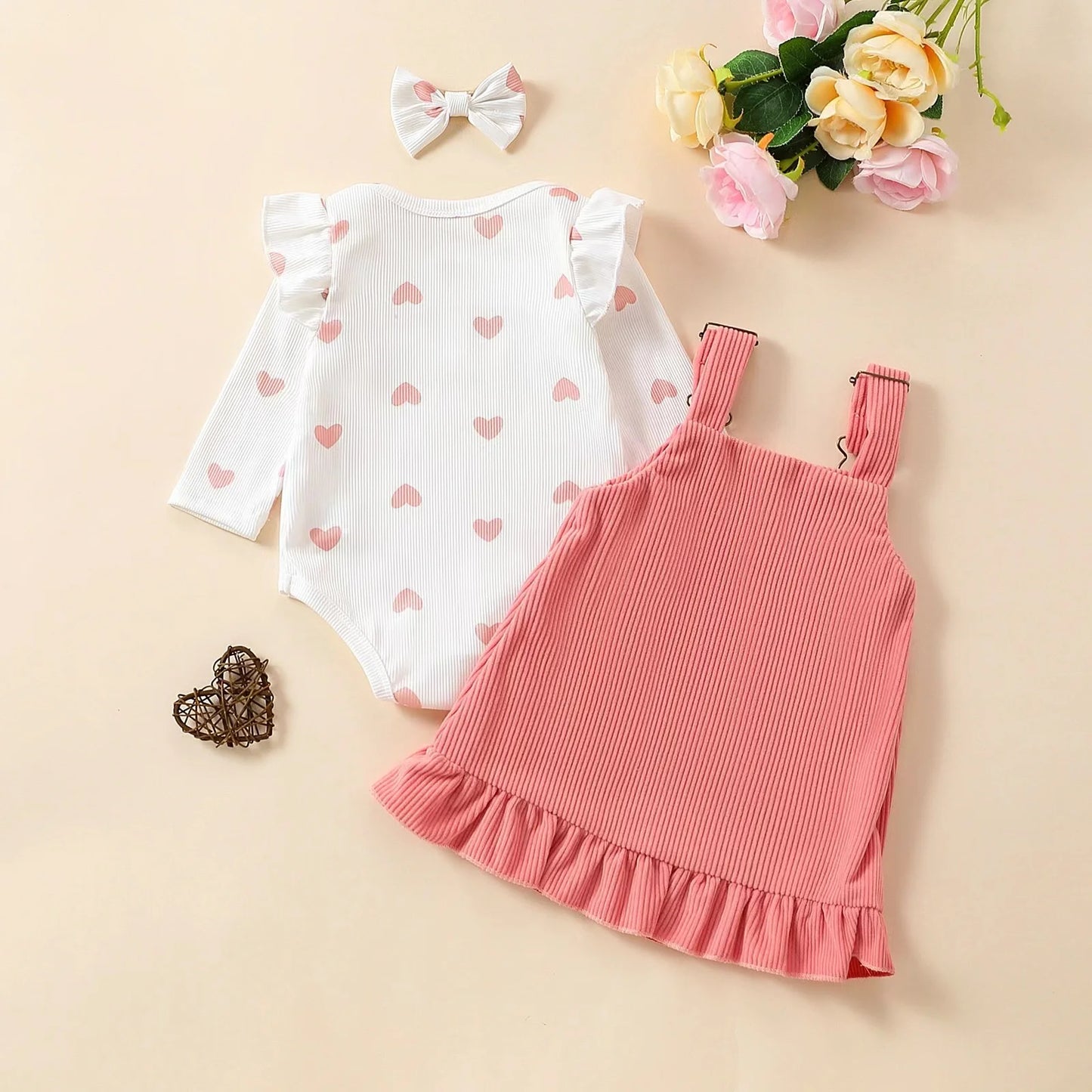 Cute Baby Girl Dress - Soft Corduroy Fly Sleeve Two Piece Straps Floral Printed Bow Dress for Spring and Fall Outdoor Play