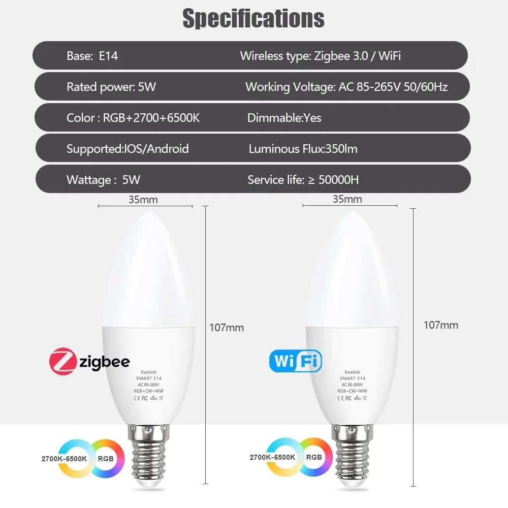 Smart Wifi Led Bulb Light E14 EWelink Zigbee Candle Lamps RGB APP Voice Control Google Home Alice Yandex for Room Home Decor