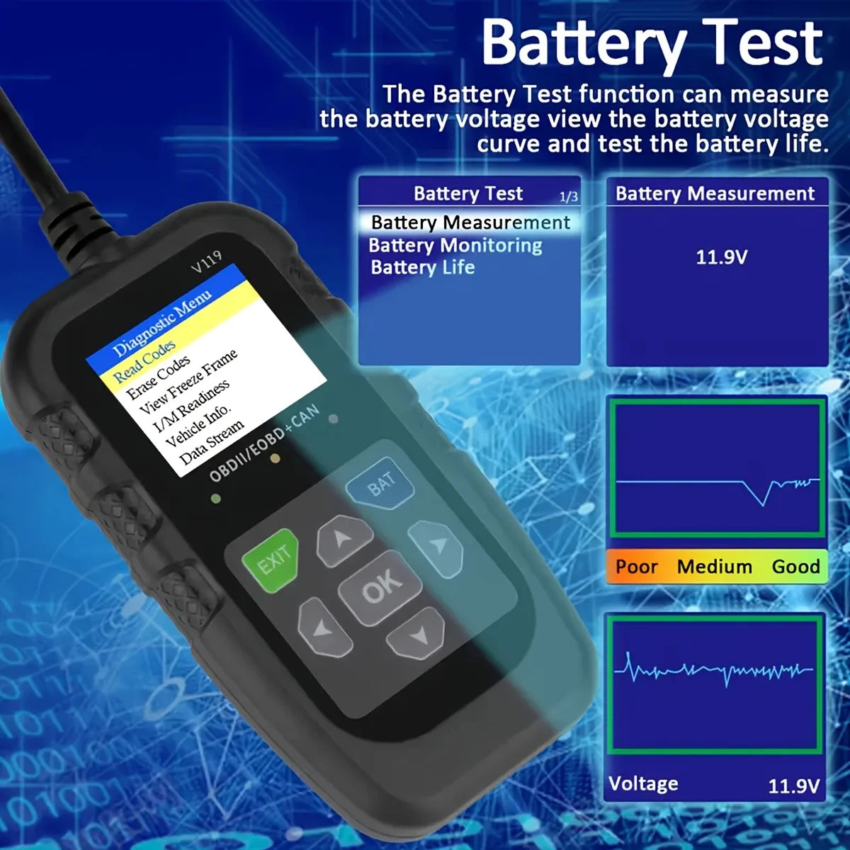 Car Code Reader,Obd2 Car Code Scanner Voltage Tester Engine Fault Code Scanner,Eobd+Can Charge Test Diagnostic Tool for Obdii Protocol Car