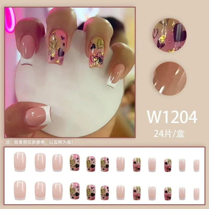 Black Ink Style Fake Nail with Jelly sticker Press on False Nails Wearable Round Head Oval Full Cover Nail Tips